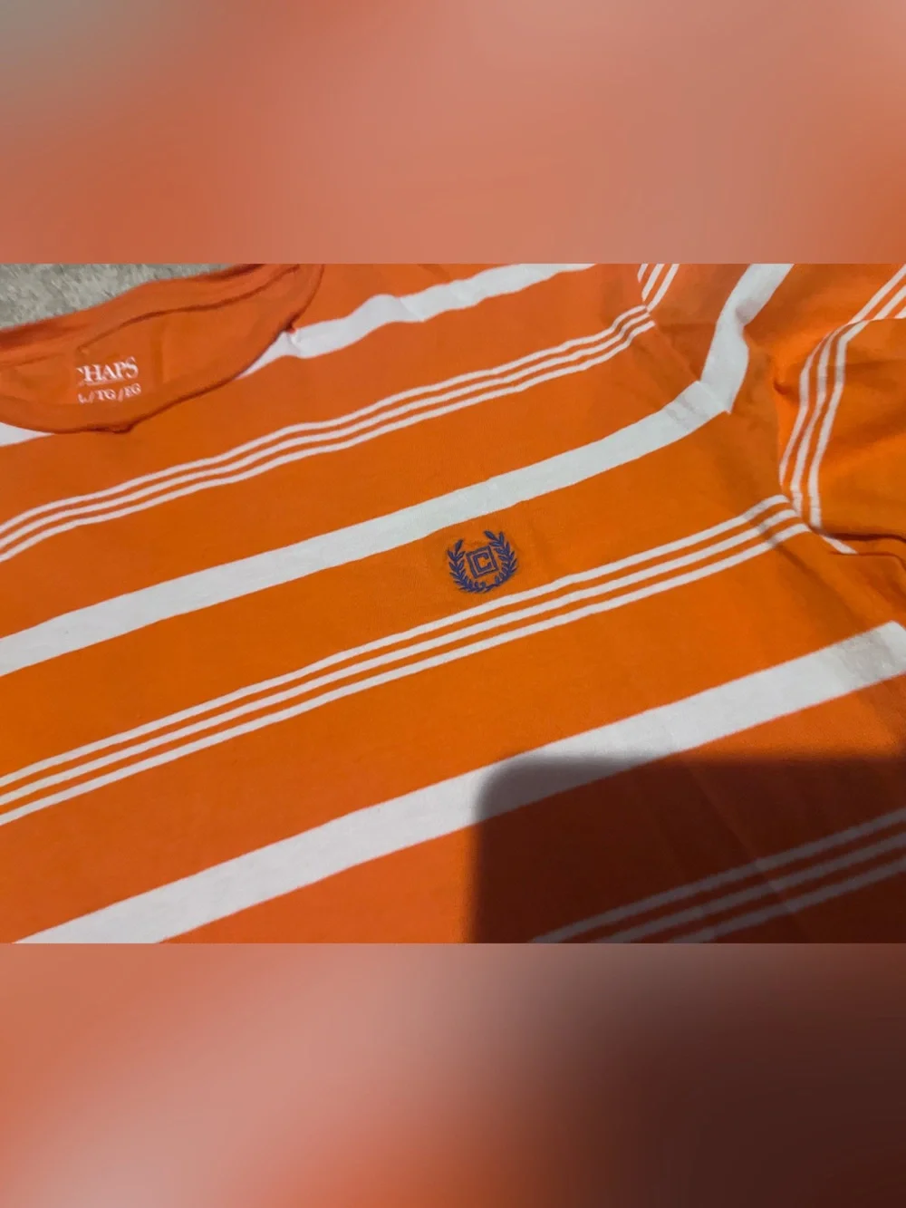 Chaps Orange and White Striped Crew Neck Tee - Picture 3 of 4